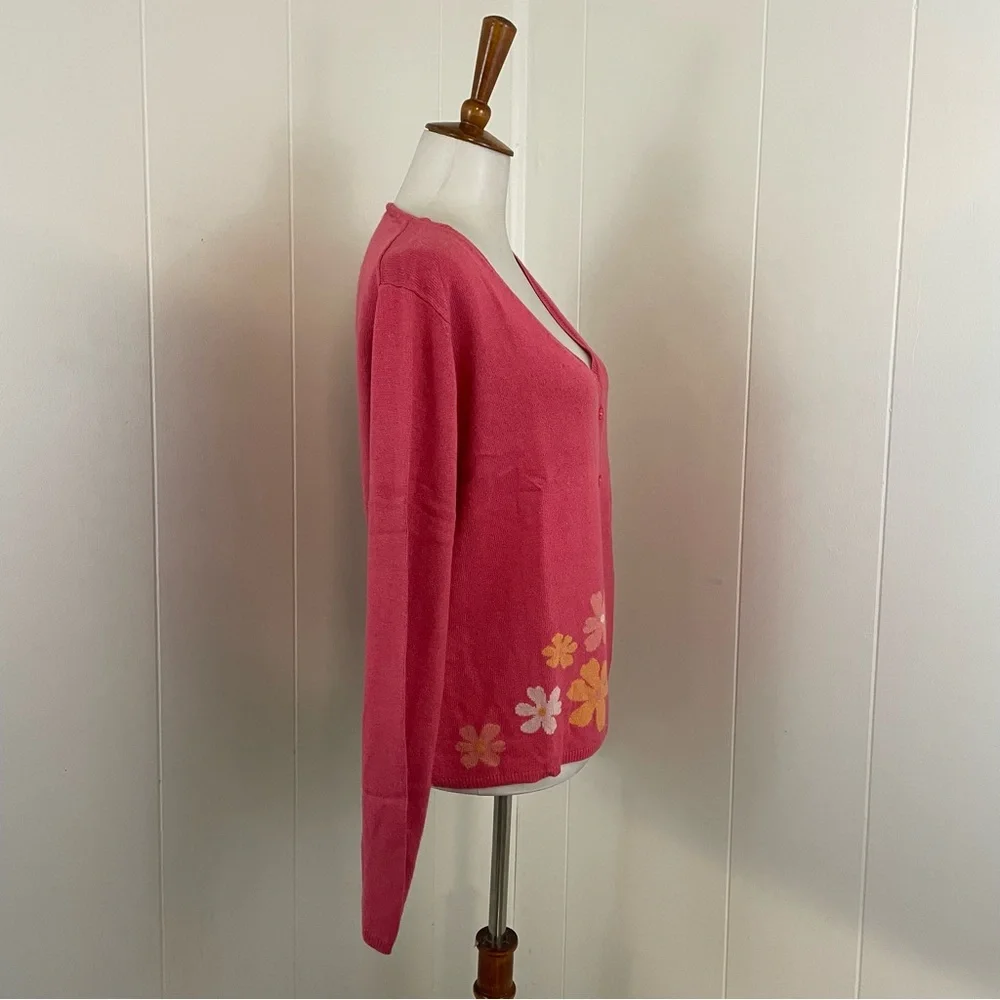 LL Bean Pink Cardigan Sweater Women’s M‎ Silk Cashmere Floral Knit V-Neck - Picture 6 of 8